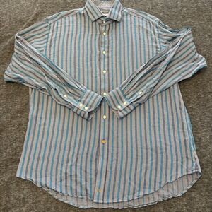 Men's Thomas Dean Blue‎ Striped Long Sleeve Button Up Size L Shirtmaker's Cloth